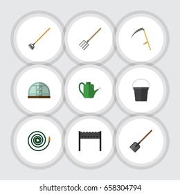 Flat Icon Dacha Set Of Bailer, Hosepipe, Hay Fork And Other Vector Objects. Also Includes Scythe, Fork, Container Elements.