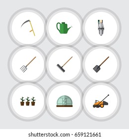 Flat Icon Dacha Set Of Bailer, Harrow, Flowerpot And Other Vector Objects. Also Includes Cutter, Tool, Flowerpot Elements.