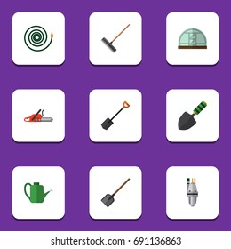 Flat Icon Dacha Set Of Bailer, Shovel, Spade And Other Vector Objects. Also Includes Hosepipe, Saw, Farm Elements.