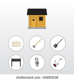 Flat Icon Dacha Set Of Barbecue, Pump, Shovel And Other Vector Objects. Also Includes Equipment, Fence, Barrier Elements.