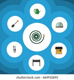 Flat Icon Dacha Set Of Barbecue, Hosepipe, Spade And Other Vector Objects. Also Includes Pump, Equipment, Hosepipe Elements.