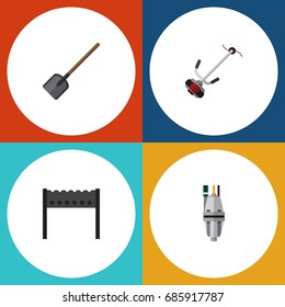 Flat Icon Dacha Set Of Barbecue, Pump, Grass-Cutter And Other Vector Objects. Also Includes Cutter, Mower, Brazier Elements.