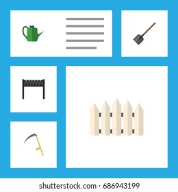 Flat Icon Dacha Set Of Barbecue, Shovel, Bailer And Other Vector Objects. Also Includes Scythe, Bbq, Can Bailer Elements.