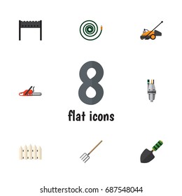 Flat Icon Dacha Set Of Barbecue, Hay Fork, Hosepipe And Other Vector Objects. Also Includes Wooden, Hose, Fork Elements.