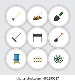 Flat Icon Dacha Set Of Barbecue, Lawn Mower, Tool And Other Vector Objects. Also Includes Trowel, Hose, Cutter Elements.