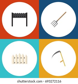 Flat Icon Dacha Set Of Barbecue, Wooden Barrier, Hay Fork And Other Vector Objects. Also Includes Barrier, Fence, Cutter Elements.