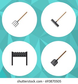Flat Icon Dacha Set Of Barbecue, Harrow, Shovel And Other Vector Objects. Also Includes Spade, Brazier, Harrow Elements.