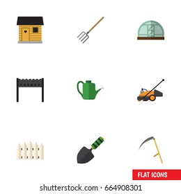 Flat Icon Dacha Set Of Cutter, Stabling, Barbecue And Other Vector Objects. Also Includes Lawn, Farmhouse, Trowel Elements.