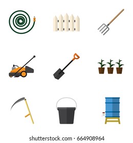 Flat Icon Dacha Set Of Cutter, Lawn Mower, Hay Fork And Other Vector Objects. Also Includes Water, Wooden, Pail Elements.