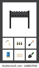 Flat Icon Dacha Set Of Flowerpot, Trowel, Container And Other Vector Objects. Also Includes Cutter, Barrier, Wooden Elements.