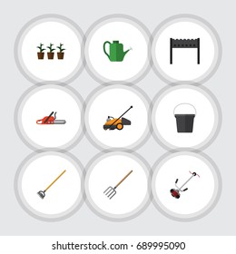 Flat Icon Dacha Set Of Flowerpot, Barbecue, Hay Fork And Other Vector Objects. Also Includes Mower, Bucket, Container Elements.
