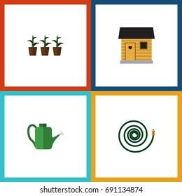 Flat Icon Dacha Set Of Flowerpot, Hosepipe, Stabling And Other Vector Objects. Also Includes Farmhouse, Stabling, Watering Elements.