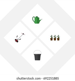 Flat Icon Dacha Set Of Flowerpot, Bailer, Grass-Cutter And Other Vector Objects. Also Includes Watering, Cutter, Bucket Elements.