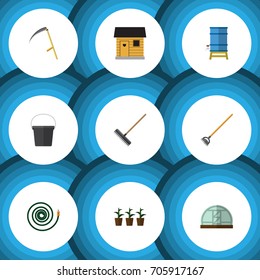 Flat Icon Dacha Set Of Flowerpot, Hosepipe, Cutter And Other Vector Objects. Also Includes Stabling, Bucket, Hose Elements.