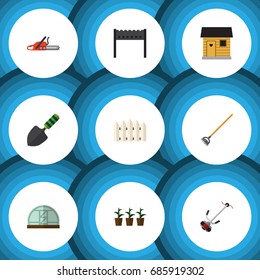 Flat Icon Dacha Set Of Grass-Cutter, Wooden Barrier, Hothouse And Other Vector Objects. Also Includes Hoe, Farm, Botany Elements.