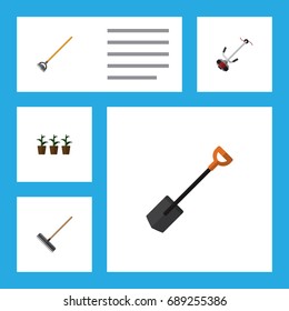 Flat Icon Dacha Set Of Grass-Cutter, Harrow, Flowerpot And Other Vector Objects. Also Includes Lawn, Hoe, Gardening Elements.