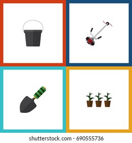 Flat Icon Dacha Set Of Grass-Cutter, Trowel, Flowerpot And Other Vector Objects. Also Includes Lawn, Plant, Trowel Elements.