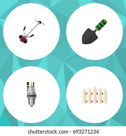 Flat Icon Dacha Set Of Grass-Cutter, Wooden Barrier, Trowel And Other Vector Objects. Also Includes Fence, Tool, Wooden Elements.