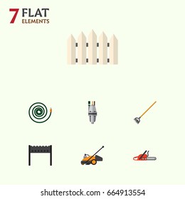 Flat Icon Dacha Set Of Hacksaw, Lawn Mower, Hosepipe And Other Vector Objects. Also Includes Pump, Equipment, Hosepipe Elements.