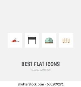 Flat Icon Dacha Set Of Hacksaw, Wooden Barrier, Hothouse And Other Vector Objects. Also Includes Brazier, Farm, Blade Elements.