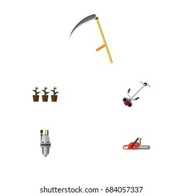 Flat Icon Dacha Set Of Hacksaw, Pump, Grass-Cutter And Other Vector Objects. Also Includes Saw, Botany, Flowerpot Elements.