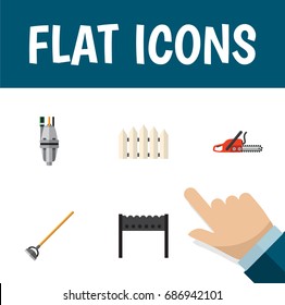 Flat Icon Dacha Set Of Hacksaw, Barbecue, Pump And Other Vector Objects. Also Includes Saw, Gardening, Hoe Elements.