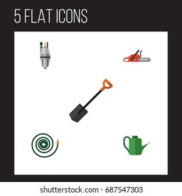 Flat Icon Dacha Set Of Hacksaw, Hosepipe, Bailer And Other Vector Objects. Also Includes Equipment, Spade, Garden Elements.