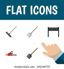 Flat Icon Dacha Set Of Hacksaw, Barbecue, Shovel And Other Vector Objects. Also Includes Brazier, Blade, Harrow Elements.