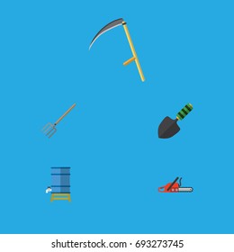Flat Icon Dacha Set Of Hacksaw, Hay Fork, Trowel And Other Vector Objects. Also Includes Spatula, Shovel, Scythe Elements.