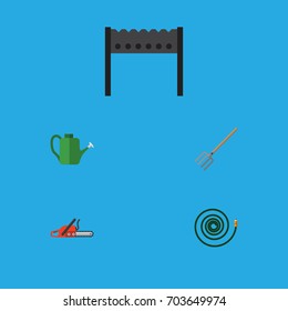 Flat Icon Dacha Set Of Hacksaw, Hosepipe, Bailer And Other Vector Objects. Also Includes Hosepipe, Tool, Bbq Elements.