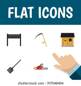 Flat Icon Dacha Set Of Hacksaw, Stabling, Shovel And Other Vector Objects. Also Includes Bbq, Shovel, Tool Elements.