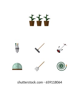 Flat Icon Dacha Set Of Harrow, Hosepipe, Grass-Cutter And Other Vector Objects. Also Includes Pump, Mower, Rake Elements.