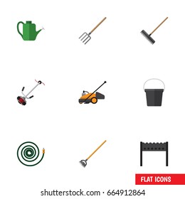 Flat Icon Dacha Set Of Harrow, Hay Fork, Lawn Mower And Other Vector Objects. Also Includes Tool, Rake, Hose Elements.