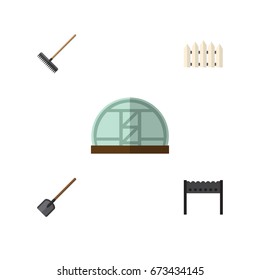 Flat Icon Dacha Set Of Harrow, Wooden Barrier, Hothouse And Other Vector Objects. Also Includes Barrier, Rake, Brazier Elements.