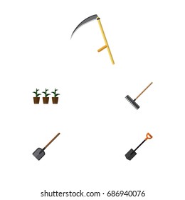Flat Icon Dacha Set Of Harrow, Flowerpot, Spade And Other Vector Objects. Also Includes Shovel, Tool, Harrow Elements.
