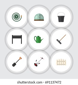 Flat Icon Dacha Set Of Harrow, Hosepipe, Hothouse And Other Vector Objects. Also Includes Hosepipe, Garden, Rake Elements.