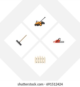 Flat Icon Dacha Set Of Harrow, Wooden Barrier, Lawn Mower And Other Vector Objects. Also Includes Cutter, Hacksaw, Fence Elements.