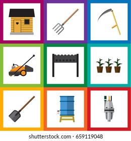 Flat Icon Dacha Set Of Hay Fork, Pump, Container And Other Vector Objects. Also Includes Bbq, Lawn, Brazier Elements.