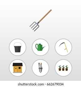 Flat Icon Dacha Set Of Hay Fork, Bailer, Pail And Other Vector Objects. Also Includes Container, Farmhouse, Pitchfork Elements.