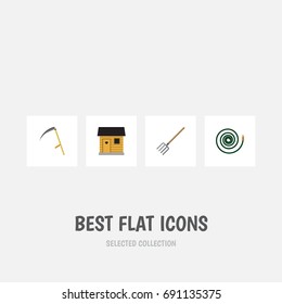 Flat Icon Dacha Set Of Hay Fork, Cutter, Stabling And Other Vector Objects. Also Includes Scythe, Stabling, Fork Elements.