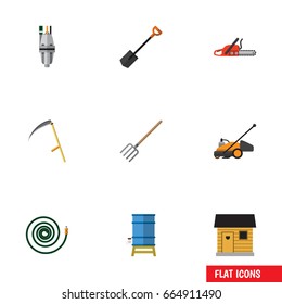 Flat Icon Dacha Set Of Hosepipe, Pump, Hacksaw And Other Vector Objects. Also Includes Fork, Garden, Container Elements.