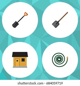 Flat Icon Dacha Set Of Hosepipe, Spade, Shovel And Other Vector Objects. Also Includes Tool, Spade, Hosepipe Elements.