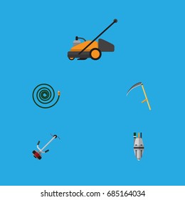 Flat Icon Dacha Set Of Hosepipe, Pump, Cutter And Other Vector Objects. Also Includes Scythe, Lawn, Garden Elements.