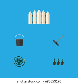 Flat Icon Dacha Set Of Hosepipe, Harrow, Wooden Barrier And Other Vector Objects. Also Includes Rake, Fence, Barrier Elements.