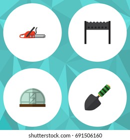 Flat Icon Dacha Set Of Hothouse, Barbecue, Trowel And Other Vector Objects. Also Includes Greenhouse, Bbq, Barbecue Elements.