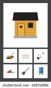 Flat Icon Dacha Set Of Lawn Mower, Stabling, Wooden Barrier And Other Vector Objects. Also Includes Container, Spade, Fence Elements.