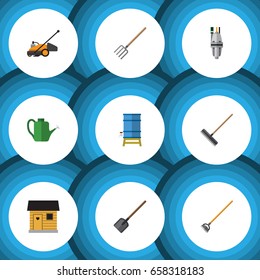 Flat Icon Dacha Set Of Lawn Mower, Hay Fork, Tool And Other Vector Objects. Also Includes Cutter, Watering, Water Elements.