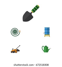 Flat Icon Dacha Set Of Lawn Mower, Bailer, Hosepipe And Other Vector Objects. Also Includes Hose, Garden, Can Bailer Elements.
