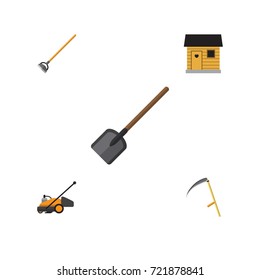 Flat Icon Dacha Set Of Lawn Mower, Stabling, Shovel And Other Vector Objects.  