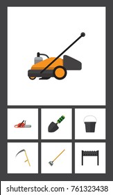 Flat Icon Dacha Set Of Lawn Mower, Trowel, Pail And Other Vector Objects. Also Includes Hacksaw, Pail, Cutter Elements.